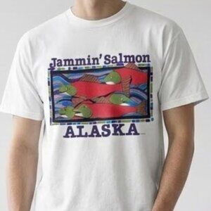 Vintage 80s Jammin' Salmon Alaska Fish T-Shirt Hanes USA Fishing Tee Men's 2XL